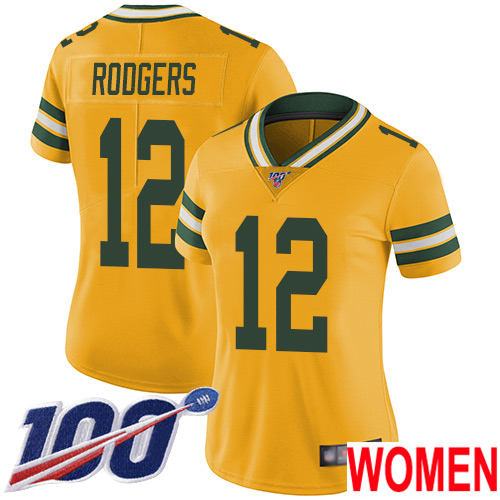 Green Bay Packers Limited Gold Women 12 Rodgers Aaron Jersey Nike NFL 100th Season Rush Vapor Untouchable